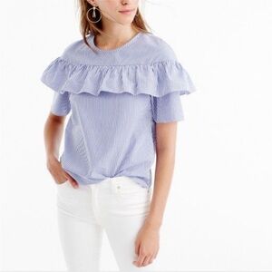 J Crew Women's Edie Shirt Short Sleeve Ruffle Striped Top Blue White Size 0